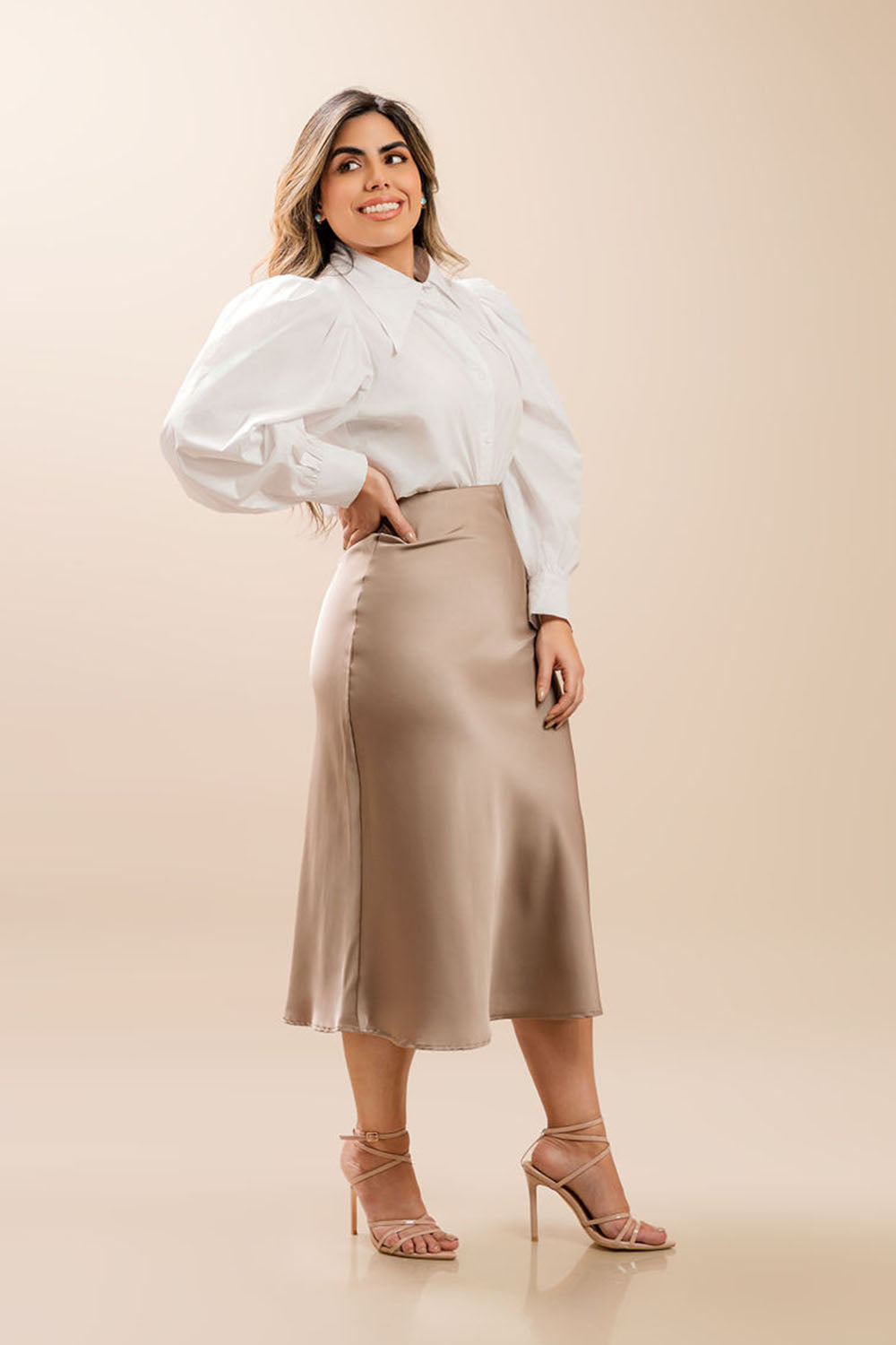 Champagne Satin Midi Skirt