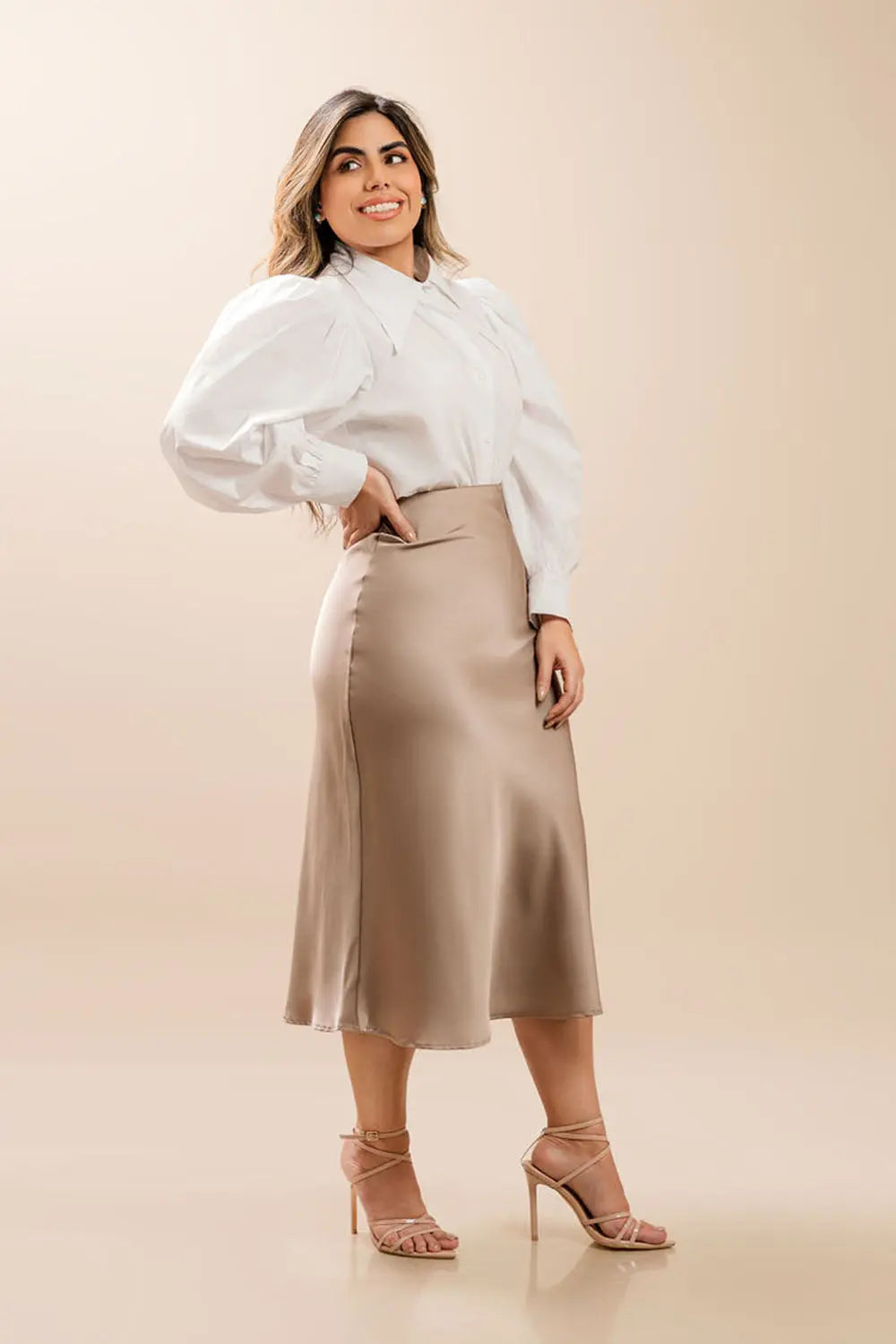Champagne Satin Midi Skirt Fine Modesty  Fine Modesty