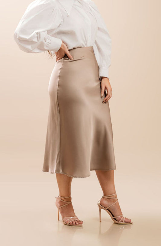 Champagne Satin Midi Skirt