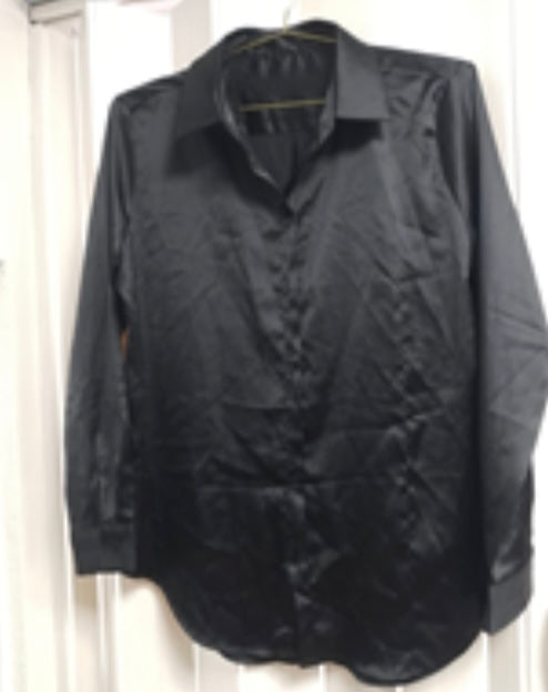 Black Satin Button-Up Shirt