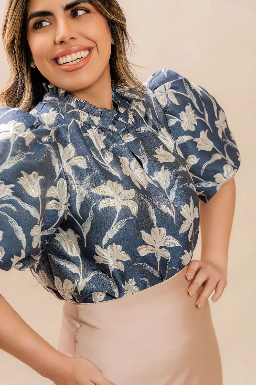 Blue Floral Puff Sleeve Blouse Fine Modesty  Fine Modesty