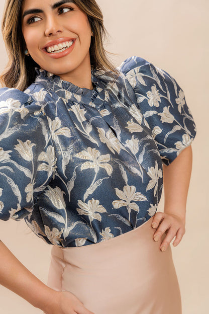 Blue Floral Puff Sleeve Blouse