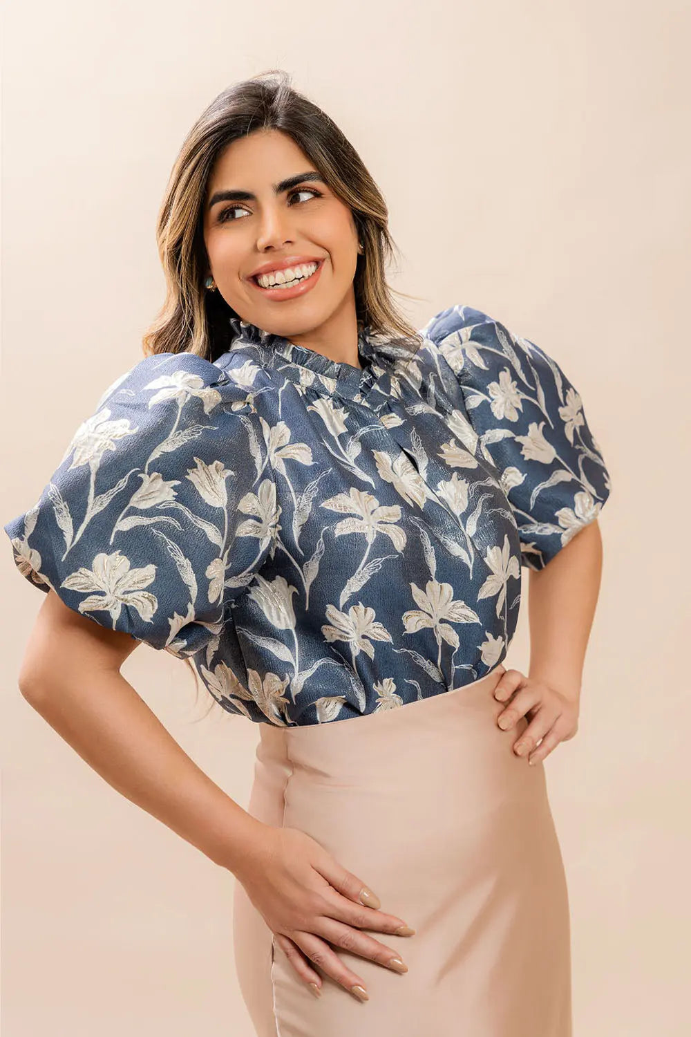 Blue Floral Puff Sleeve Blouse Fine Modesty  Fine Modesty