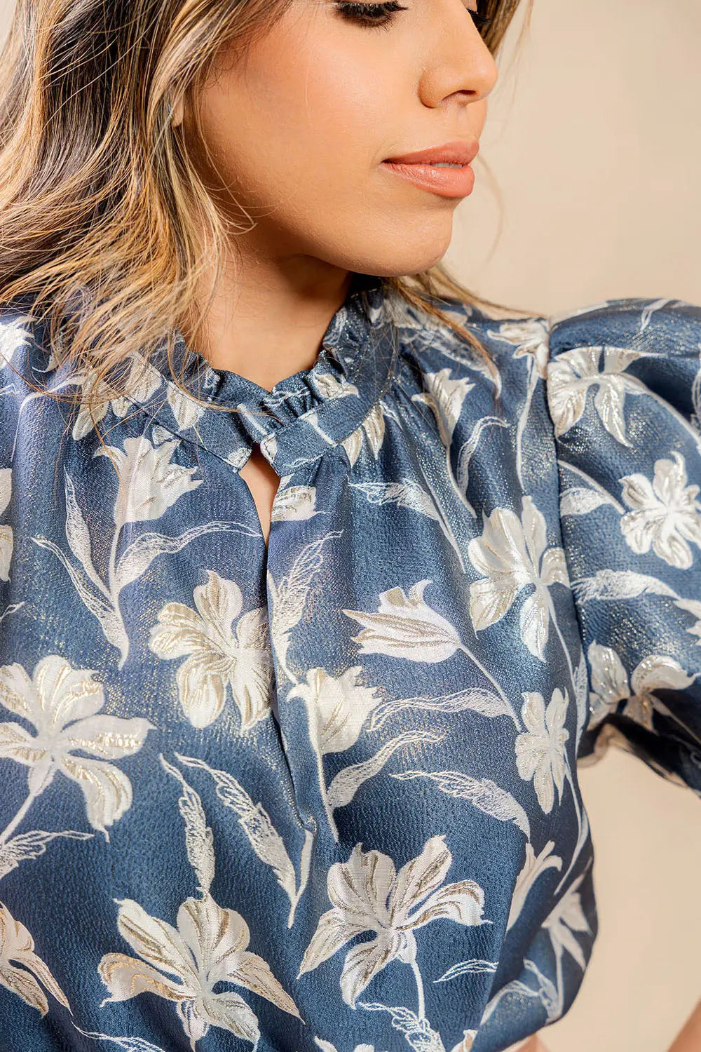 Blue Floral Puff Sleeve Blouse Fine Modesty  Fine Modesty