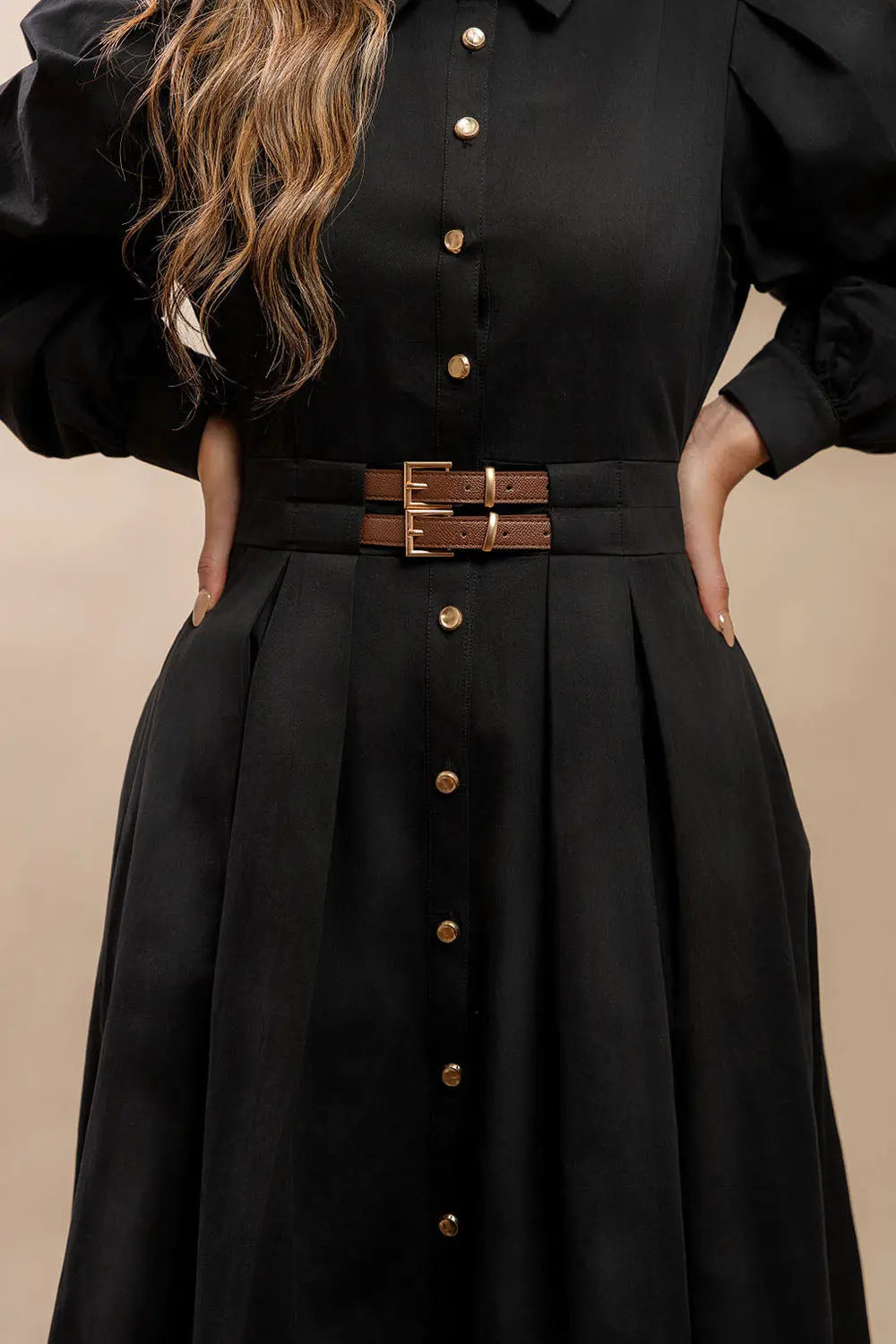 Double Belted Black Midi Dress Fine Modesty  Fine Modesty