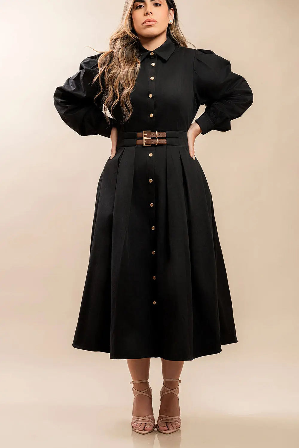 Double Belted Black Midi Dress Fine Modesty  Fine Modesty