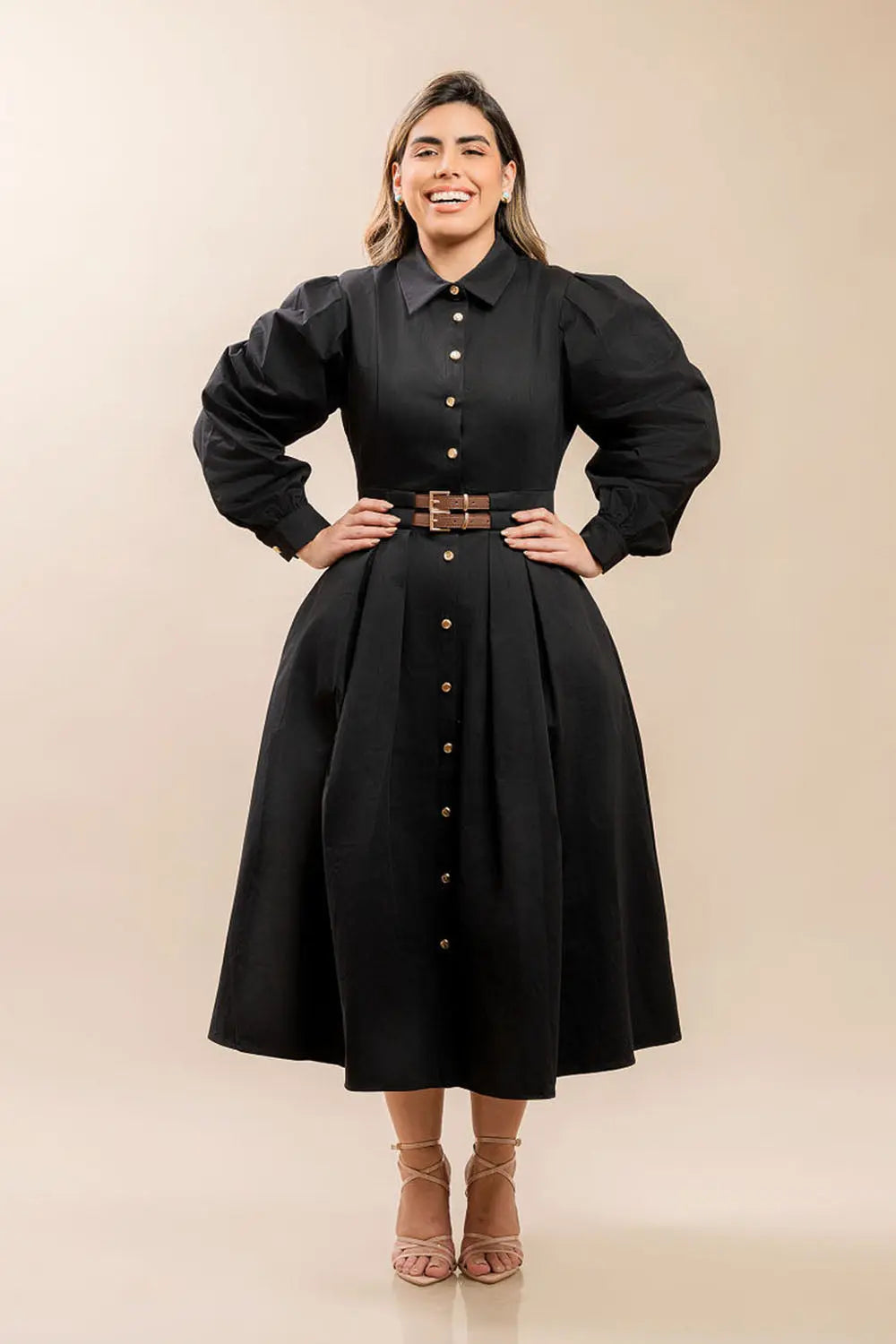 Double Belted Black Midi Dress Fine Modesty  Fine Modesty