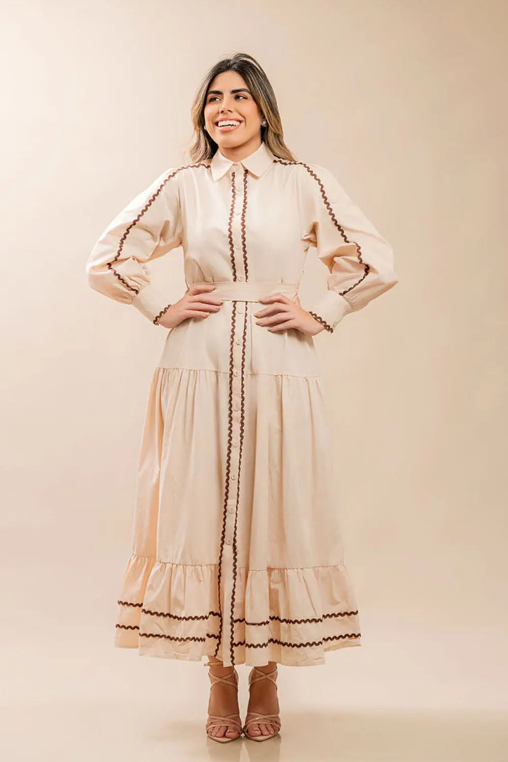 Beige Embroidered Maxi Dress Fine Modesty  Fine Modesty