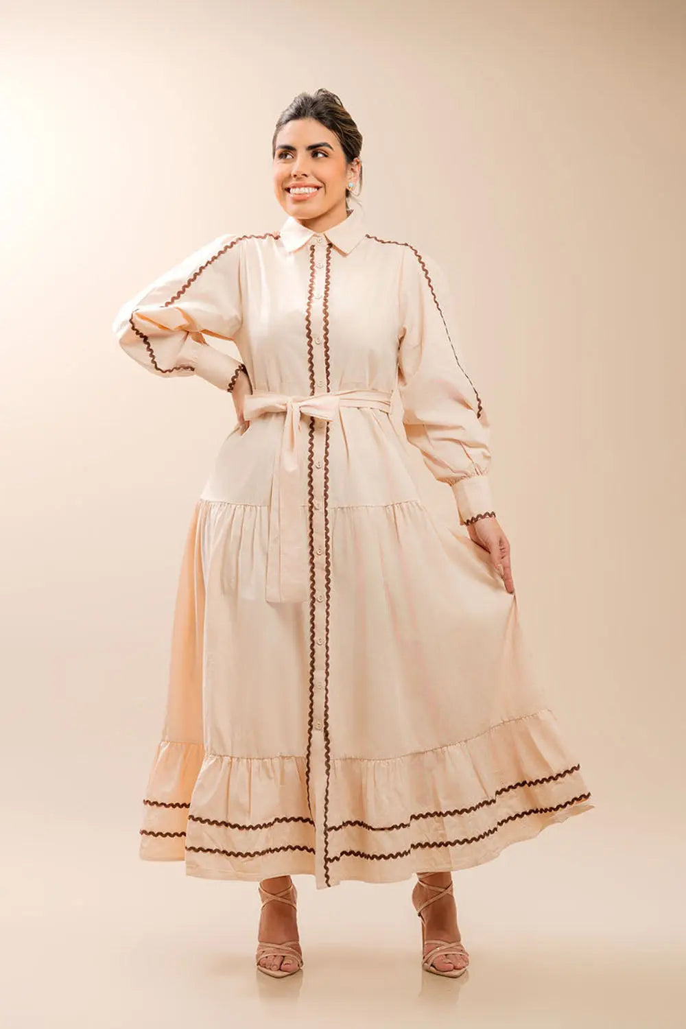 Beige Embroidered Maxi Dress Fine Modesty  Fine Modesty