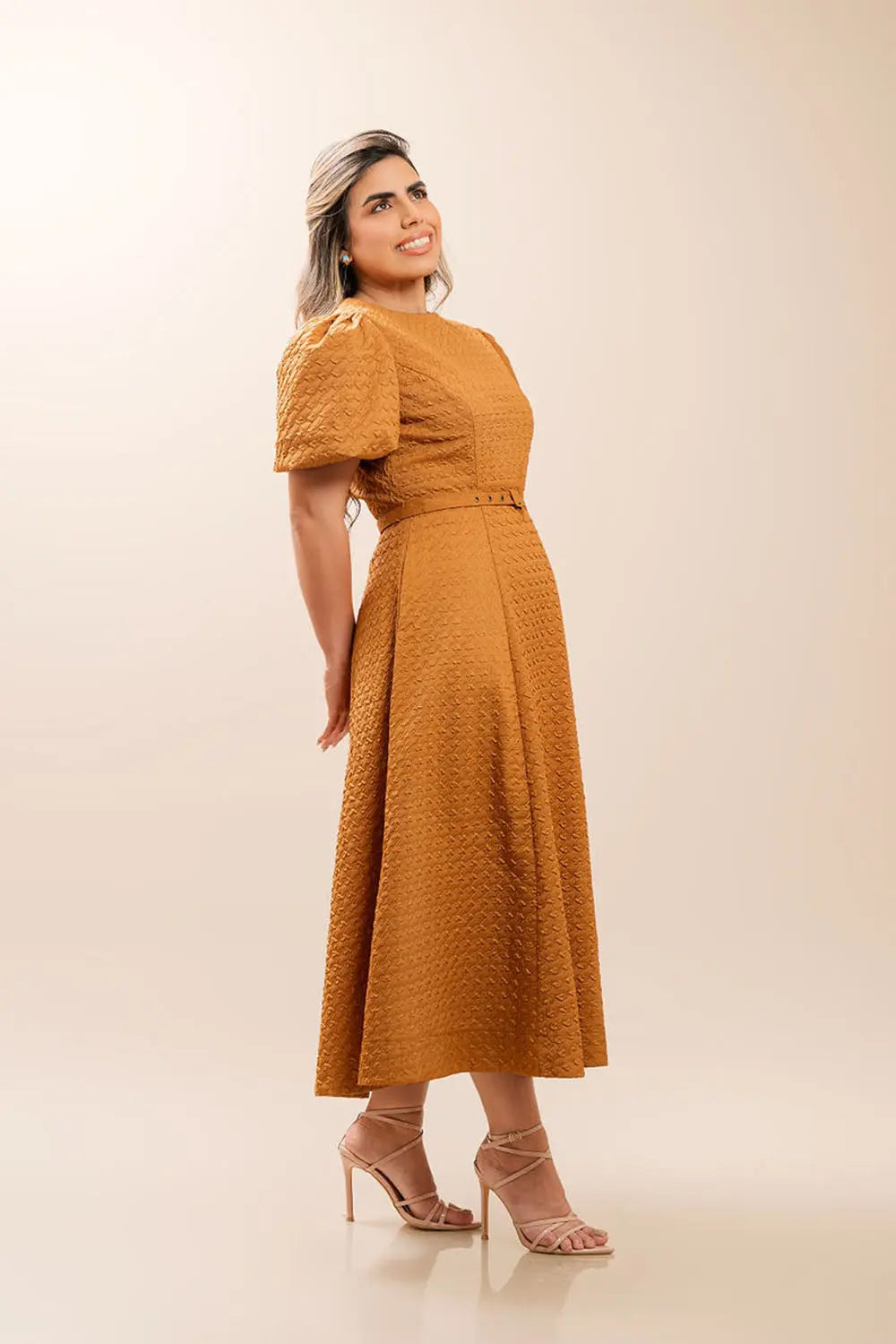 Camel Puff-Sleeve Midi Dress Fine Modesty  Fine Modesty