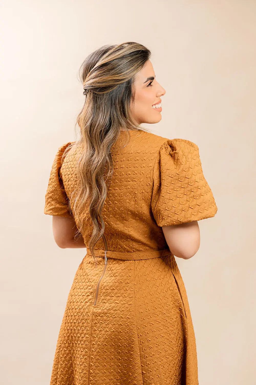 Camel Puff-Sleeve Midi Dress Fine Modesty  Fine Modesty