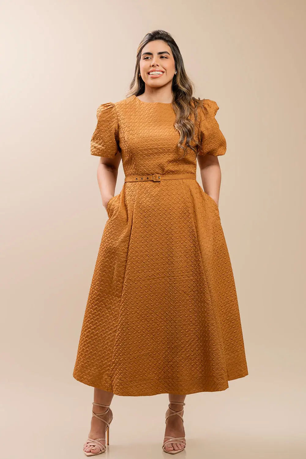 Camel Puff-Sleeve Midi Dress Fine Modesty  Fine Modesty