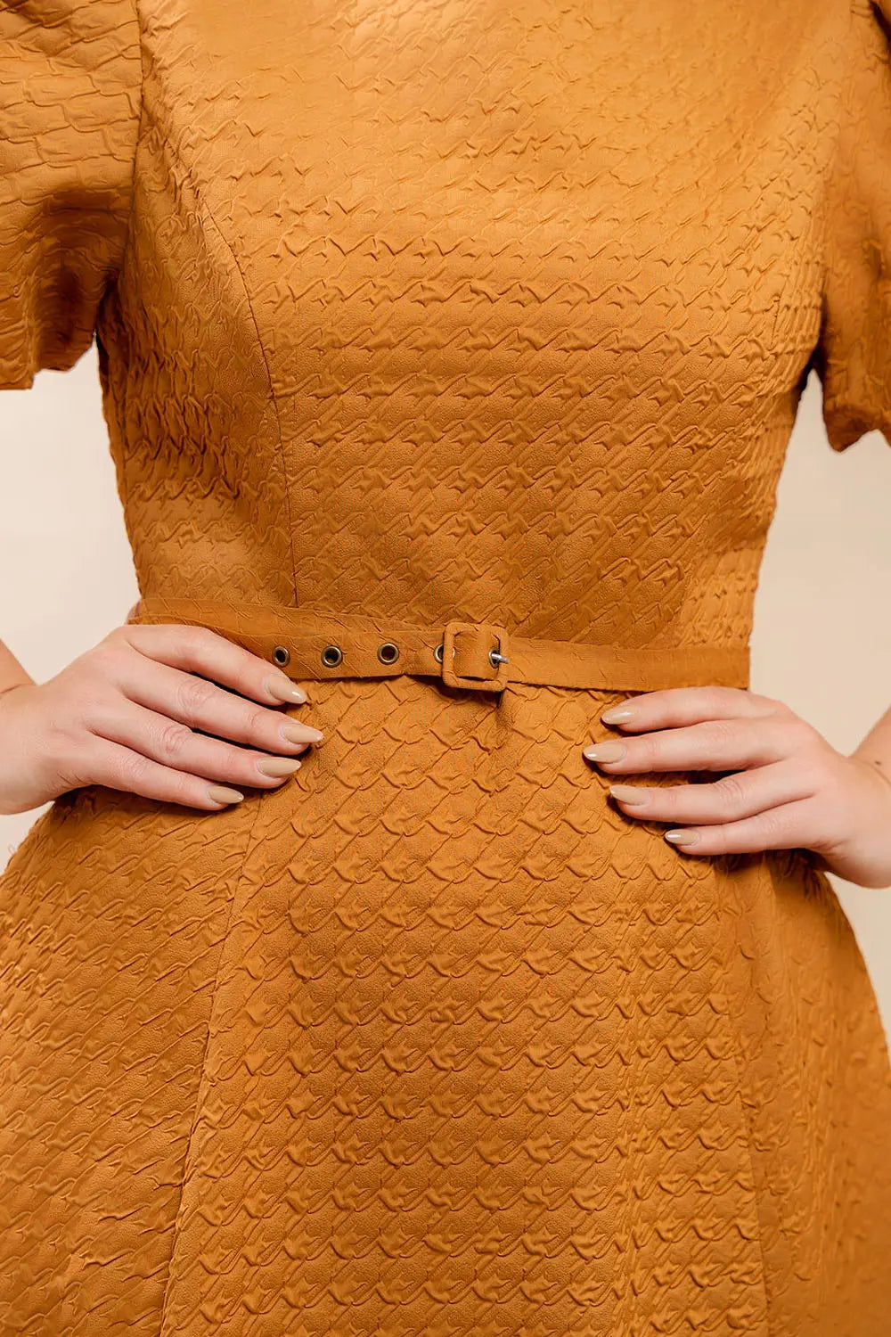 Camel Puff-Sleeve Midi Dress Fine Modesty  Fine Modesty