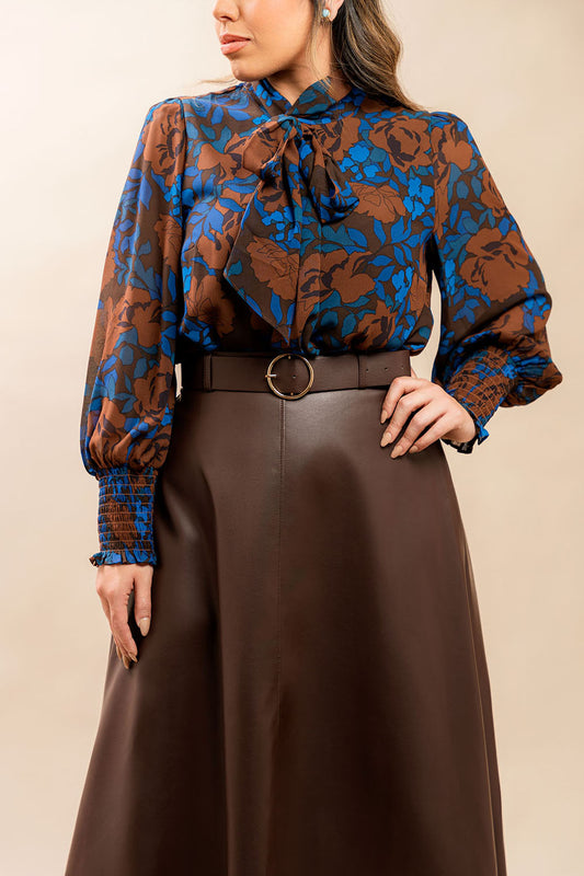 Brown and Blue Floral Tie-Neck Blouse