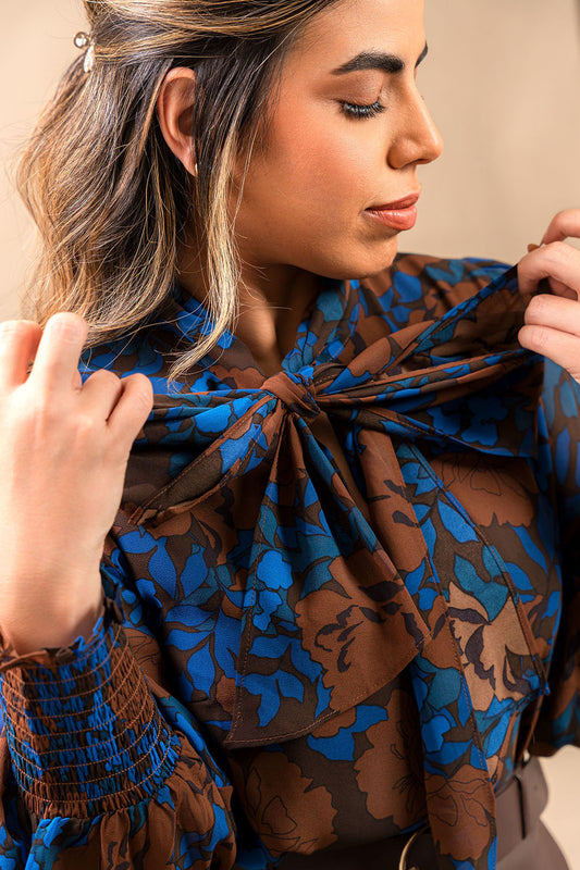 Brown and Blue Floral Tie-Neck Blouse