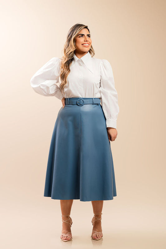 Blue Belted Leather Skirt