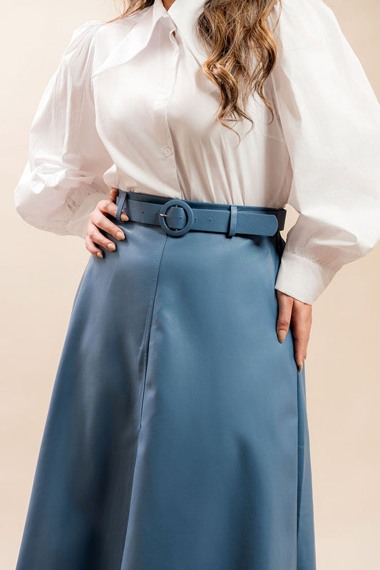 Blue Belted Leather Skirt