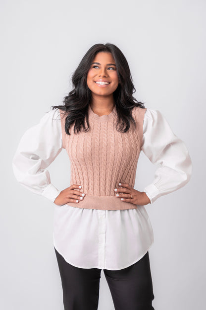 Cable Knit Taupe Top w Button Down Shirt 1
