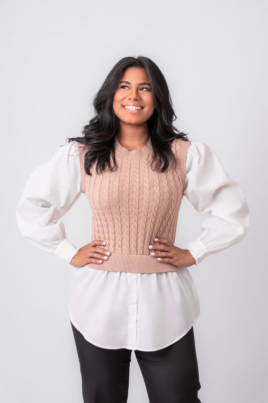 Cable Knit Taupe Top w Button Down Shirt 1