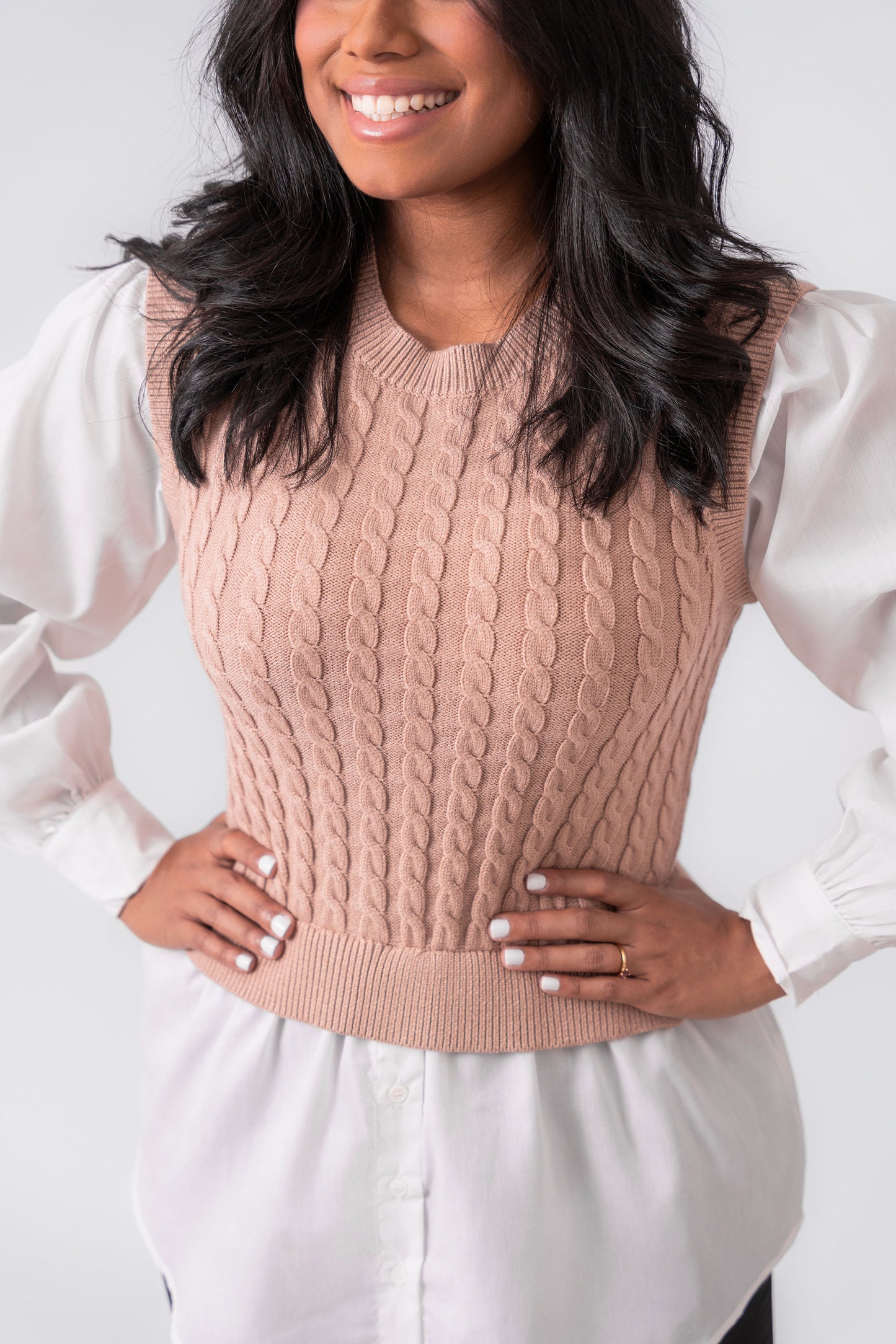 Cable Knit Taupe Top w Button Down Shirt 2