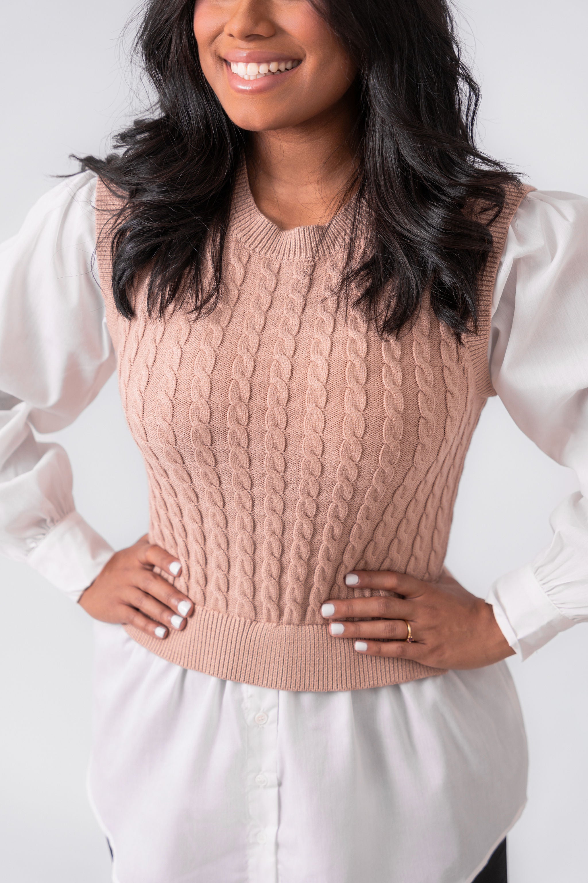 Cable Knit Taupe Top w Button Down Shirt 2