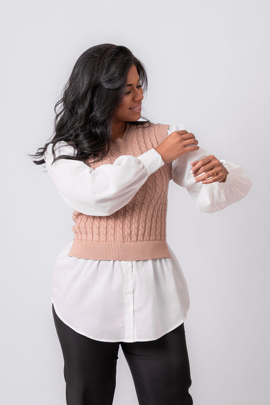 Cable Knit Taupe Top w Button Down Shirt 3