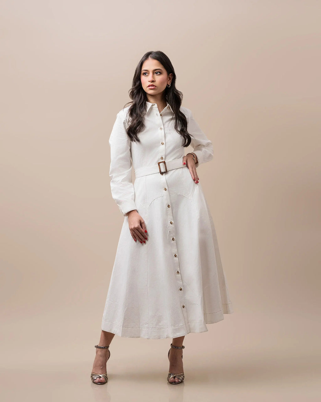 White Belted Shirt Dress Fine Modesty  Fine Modesty