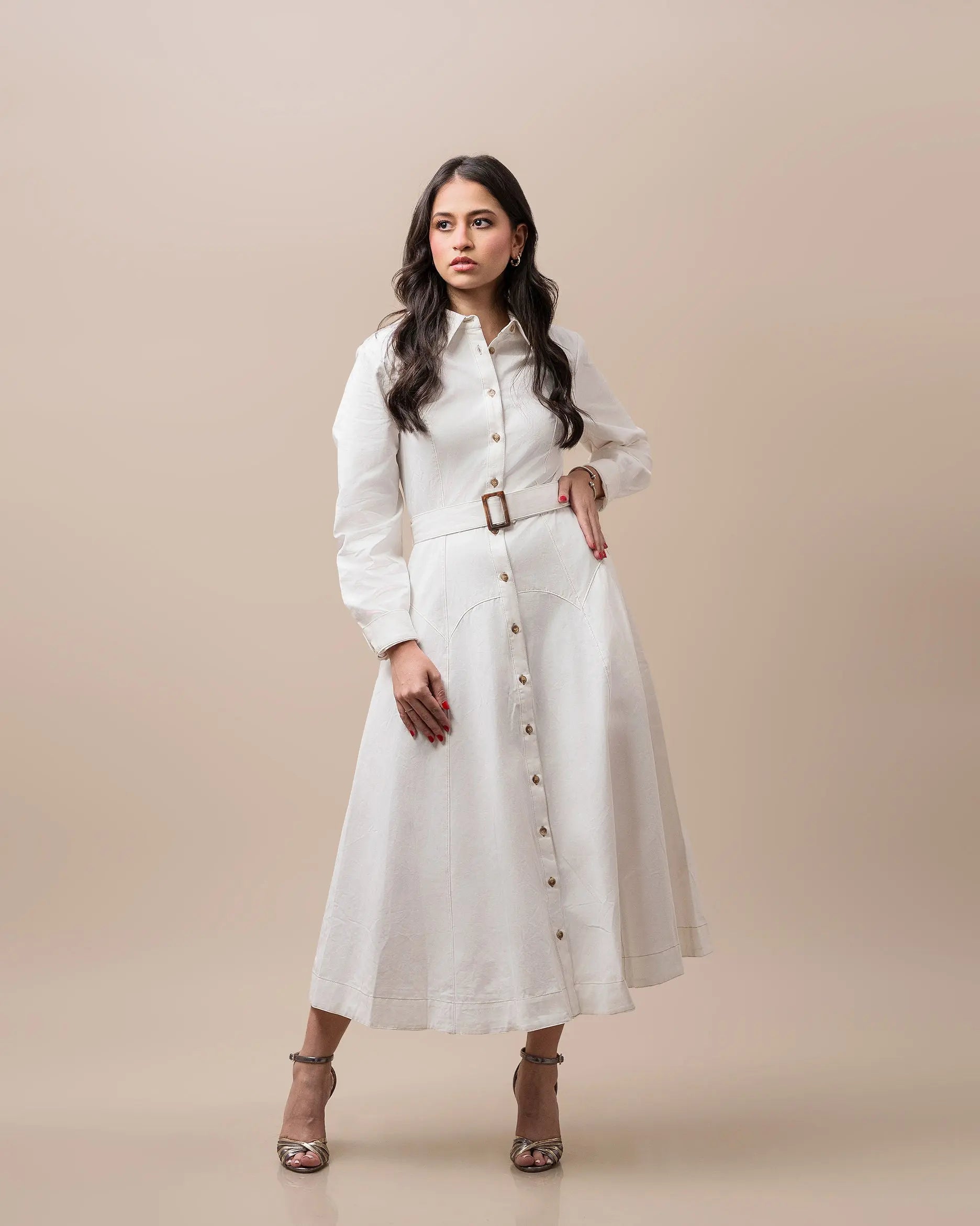 White Belted Shirt Dress Fine Modesty  Fine Modesty