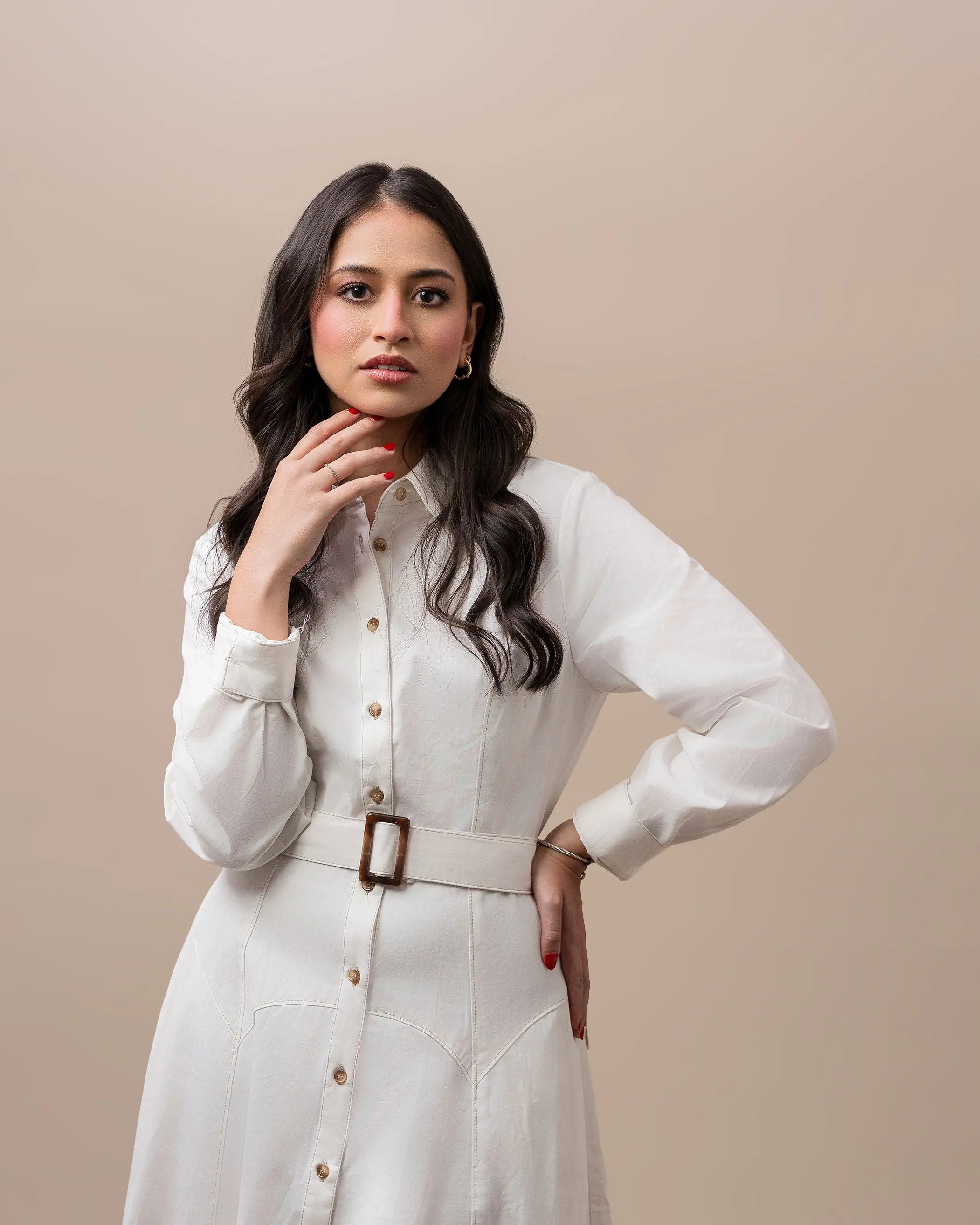 White Belted Shirt Dress Fine Modesty  Fine Modesty