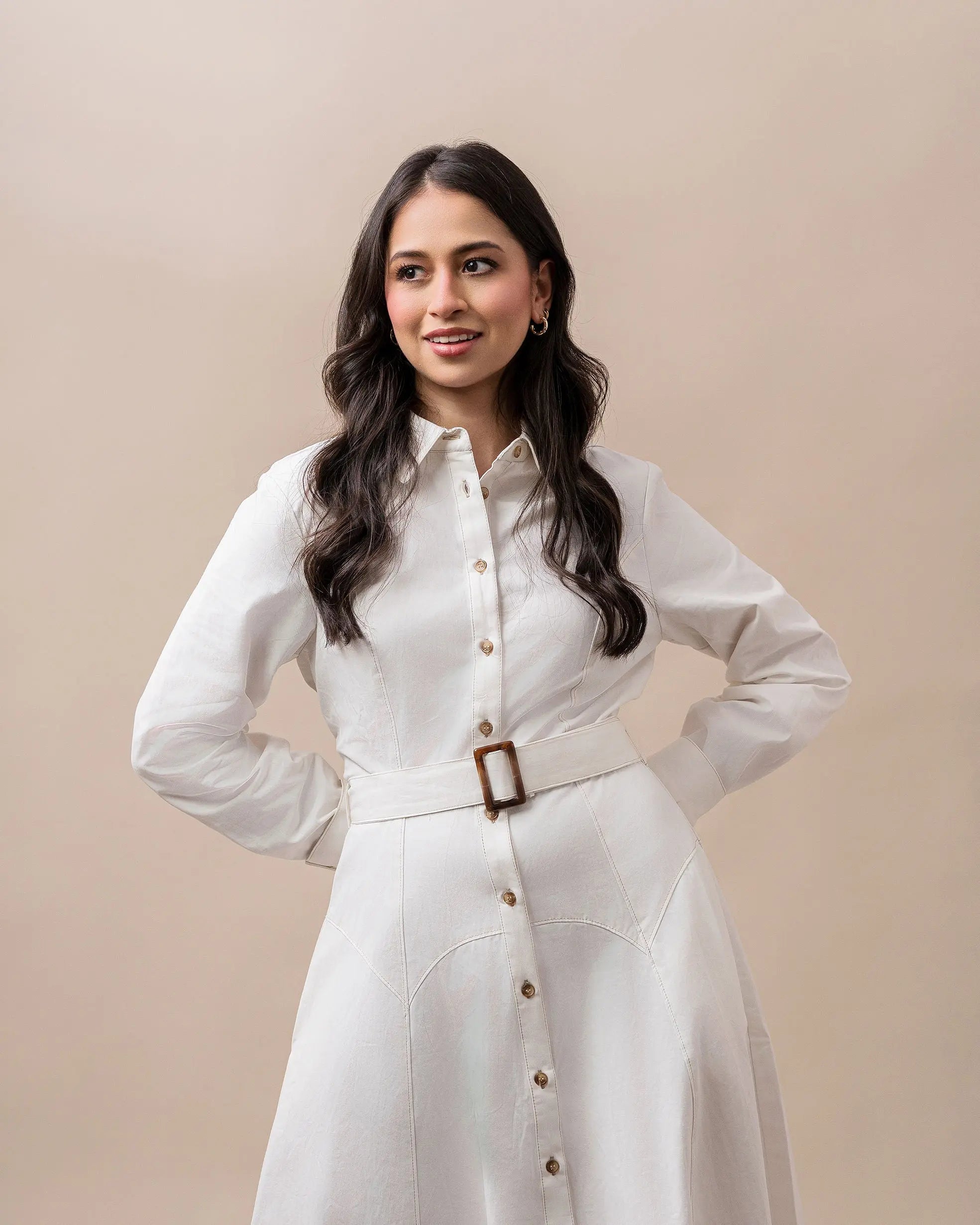 White Belted Shirt Dress Fine Modesty  Fine Modesty