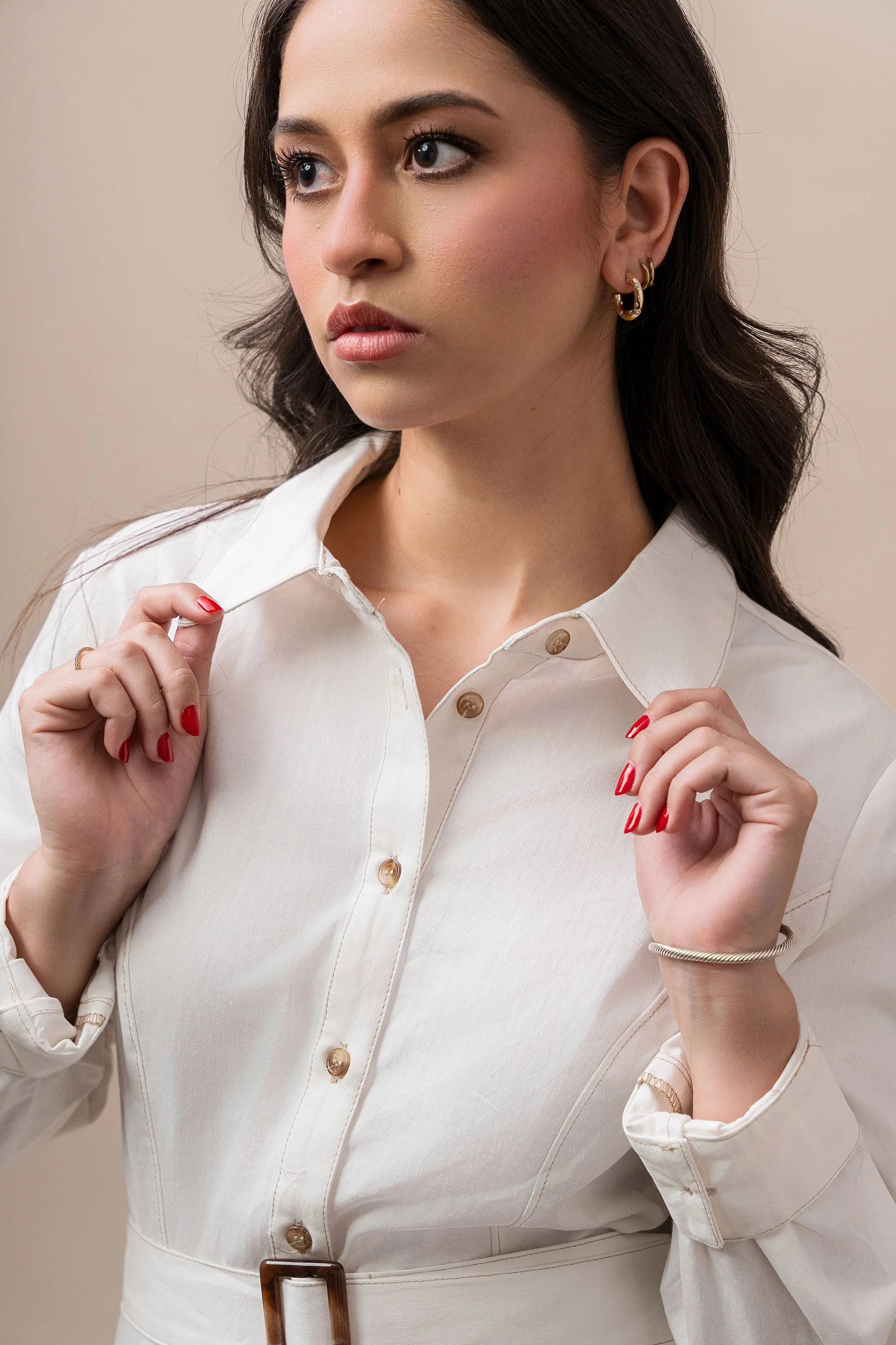 White Belted Shirt Dress Fine Modesty  Fine Modesty