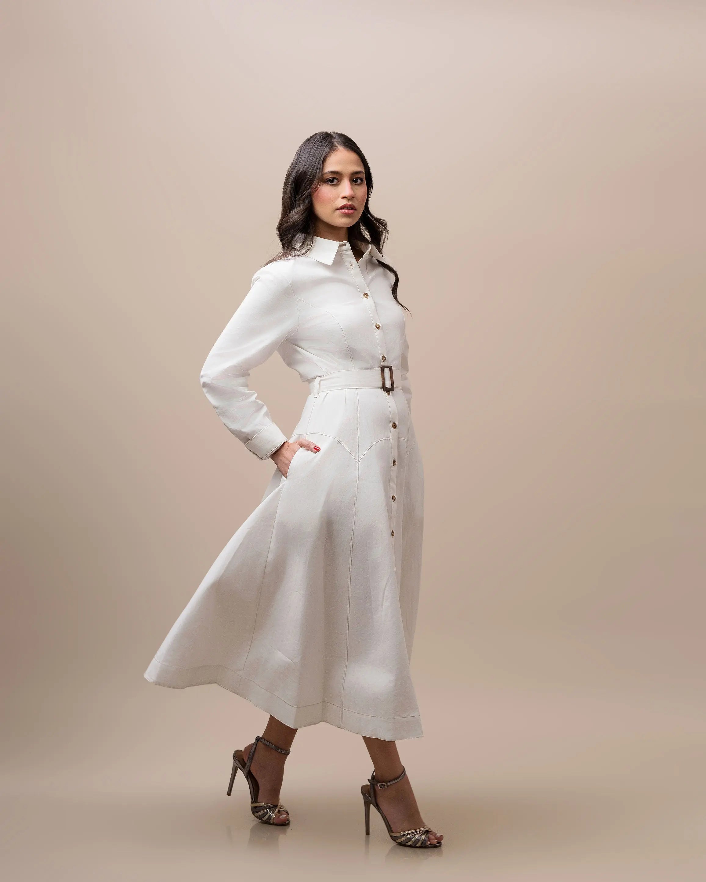 White Belted Shirt Dress Fine Modesty  Fine Modesty