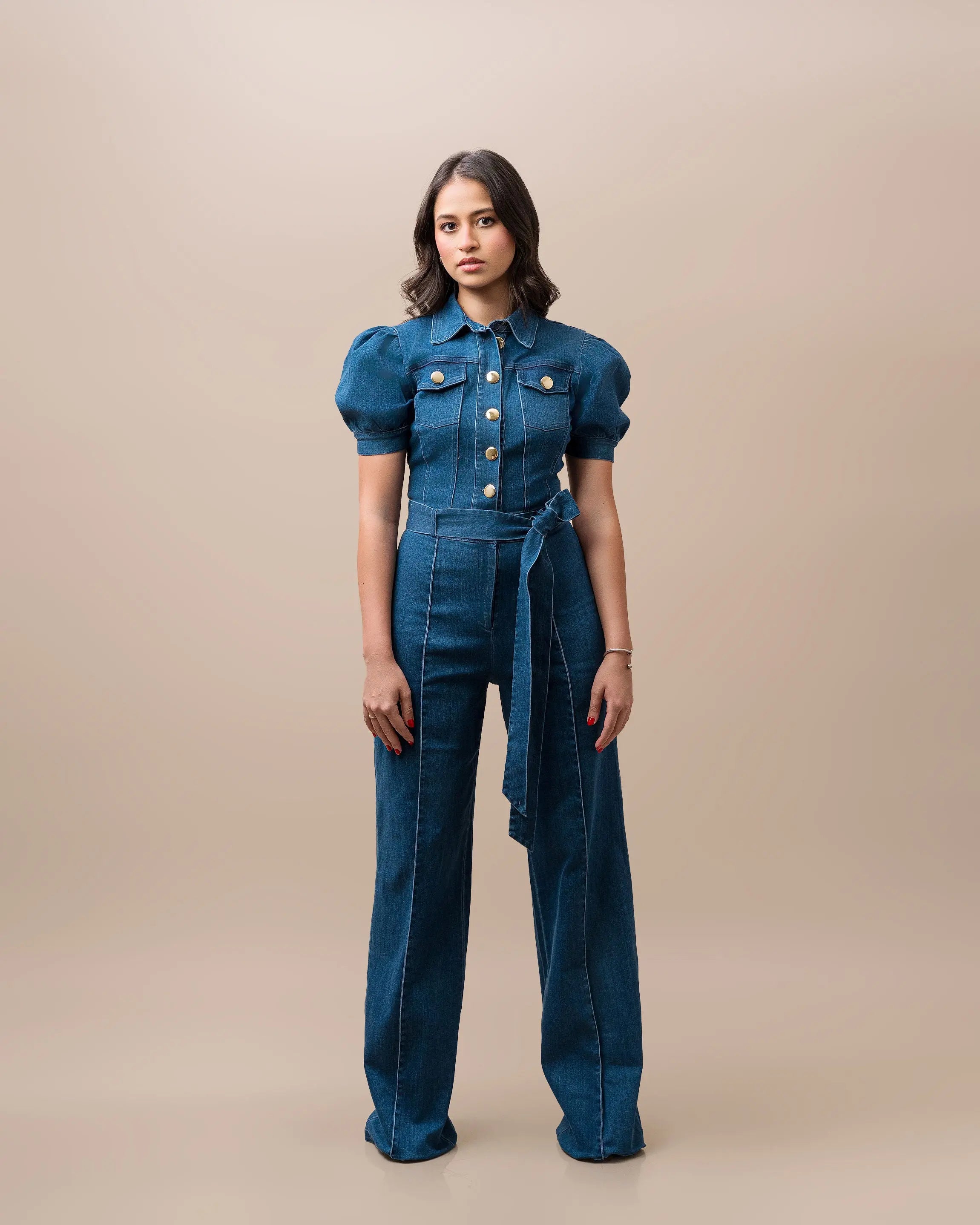 Denim Belted Jumpsuit Fine Modesty  Fine Modesty