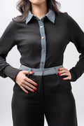 Black Button-Up Shirt with Denim Trim Fine Modesty  Fine Modesty