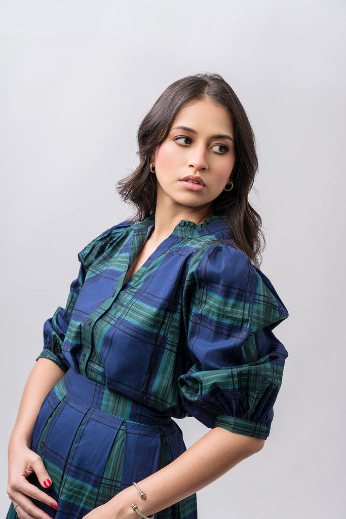 Navy plaid blouse