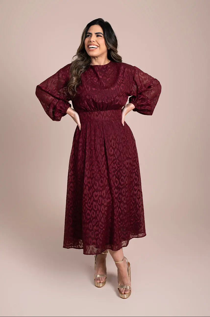 Burgundy Bow-Tie Midi Dress Fine Modesty  Fine Modesty