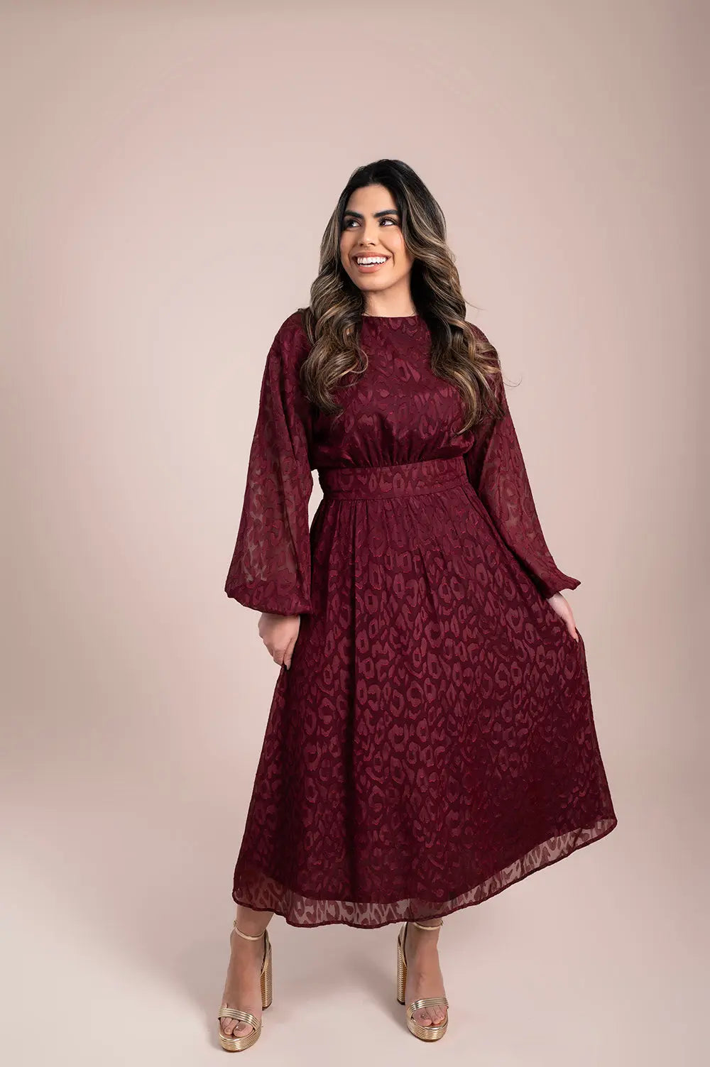 Burgundy Bow-Tie Midi Dress Fine Modesty  Fine Modesty