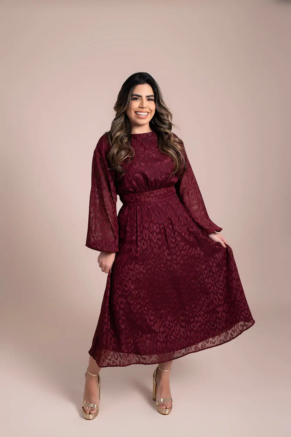 Burgundy Bow-Tie Midi Dress Fine Modesty  Fine Modesty
