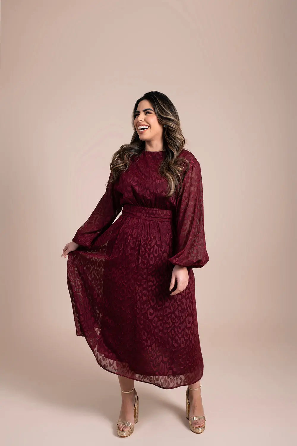 Burgundy Bow-Tie Midi Dress Fine Modesty  Fine Modesty