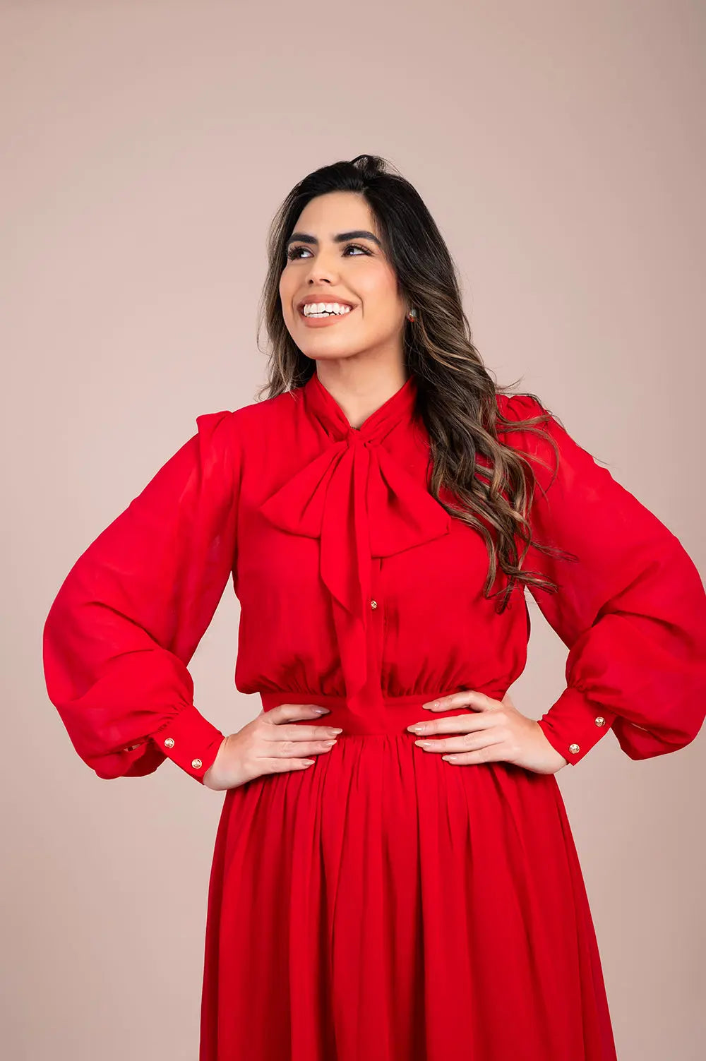 Red Bow-Tie Midi Dress Fine Modesty  Fine Modesty