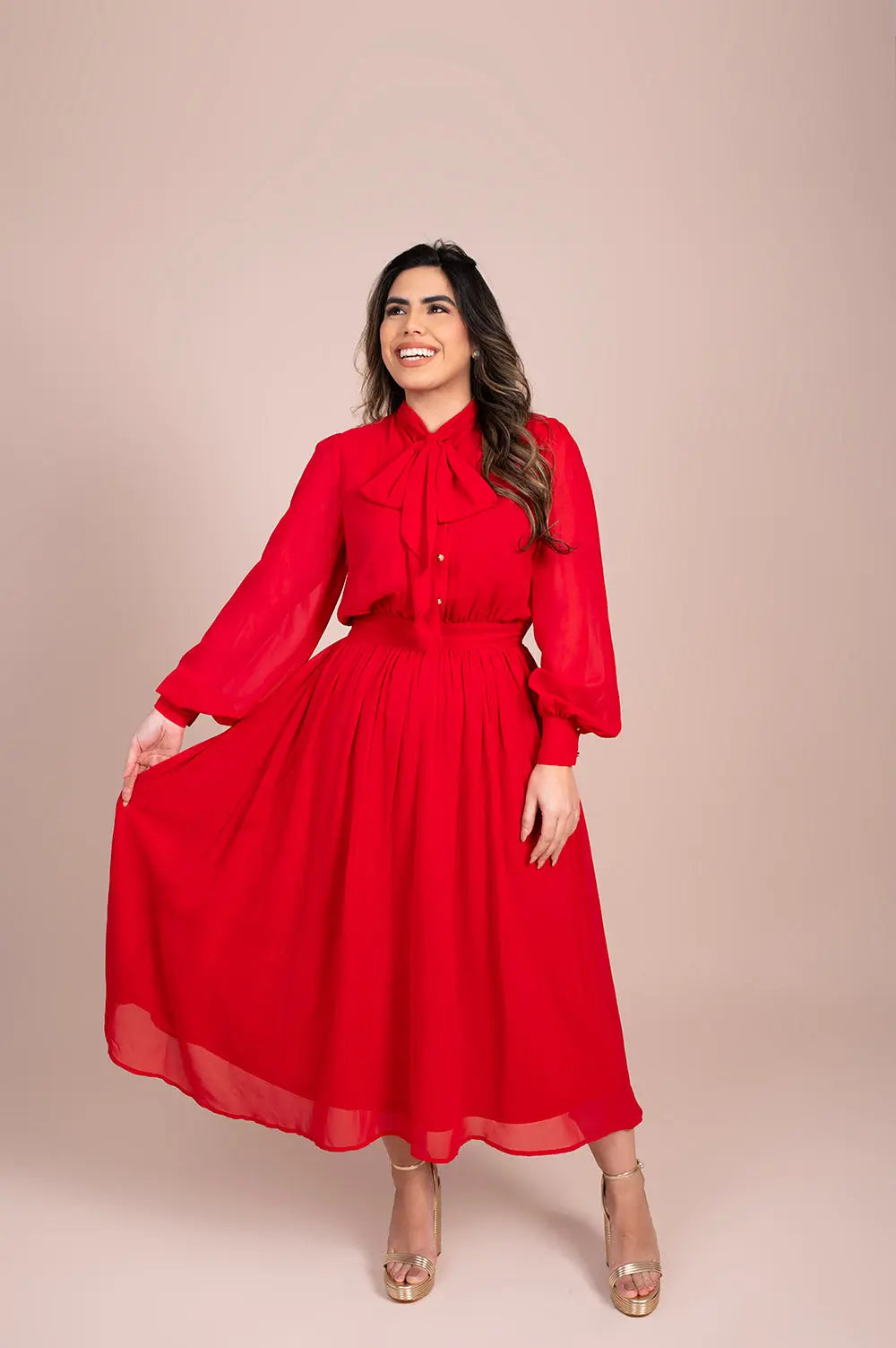 Red Bow-Tie Midi Dress Fine Modesty  Fine Modesty