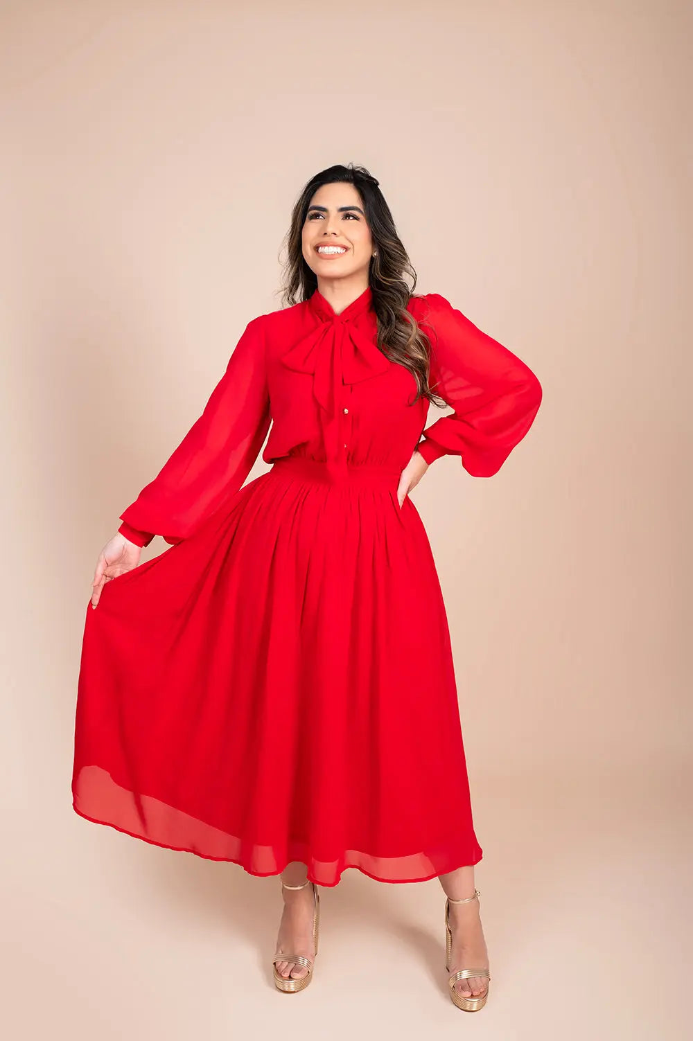 Red Bow-Tie Midi Dress Fine Modesty  Fine Modesty