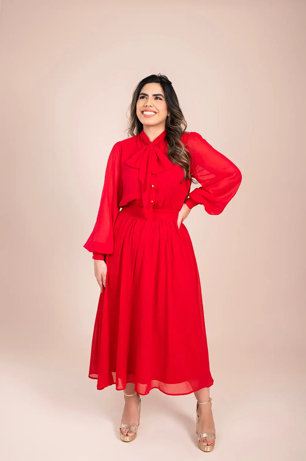 Red Bow-Tie Midi Dress Fine Modesty  Fine Modesty