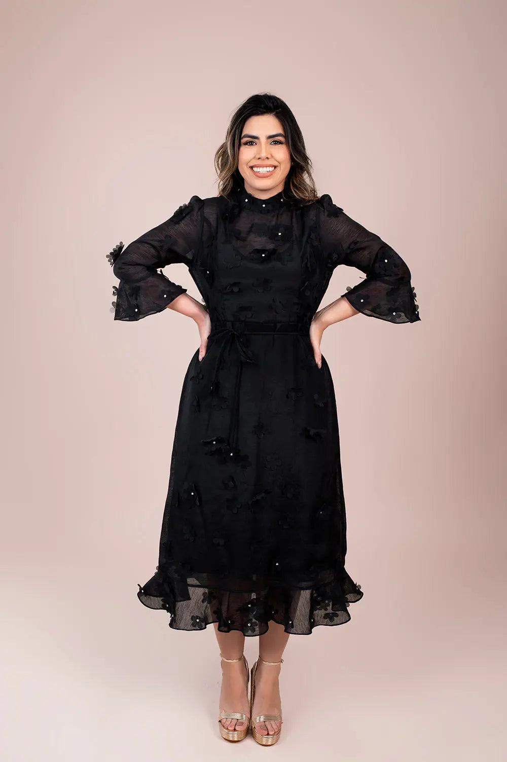 Embroidered Black Midi Dress Fine Modesty  Fine Modesty