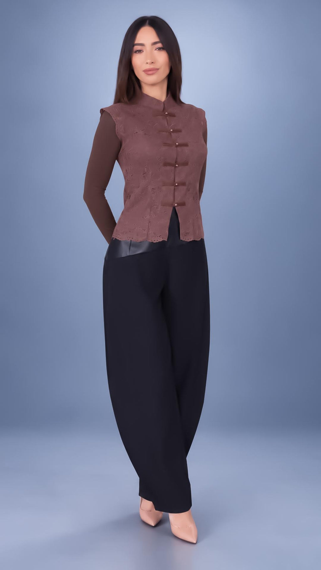 Heritage Lace Mandarin Top - Marrón 1