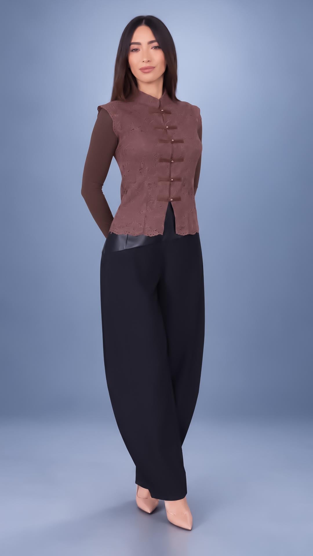 Heritage Lace Mandarin Top - Marrón 1