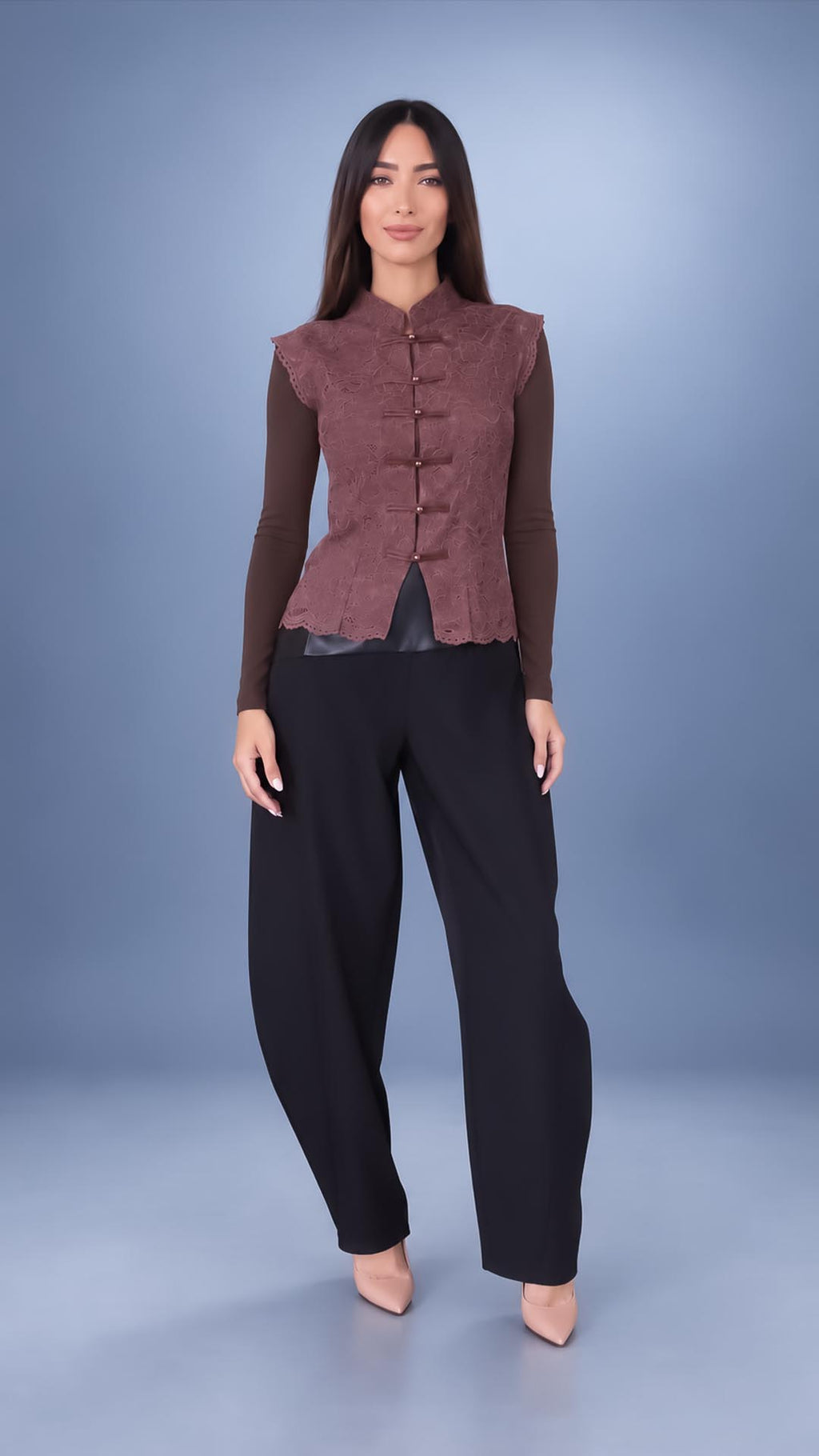 Heritage Lace Mandarin Top - Marrón 3