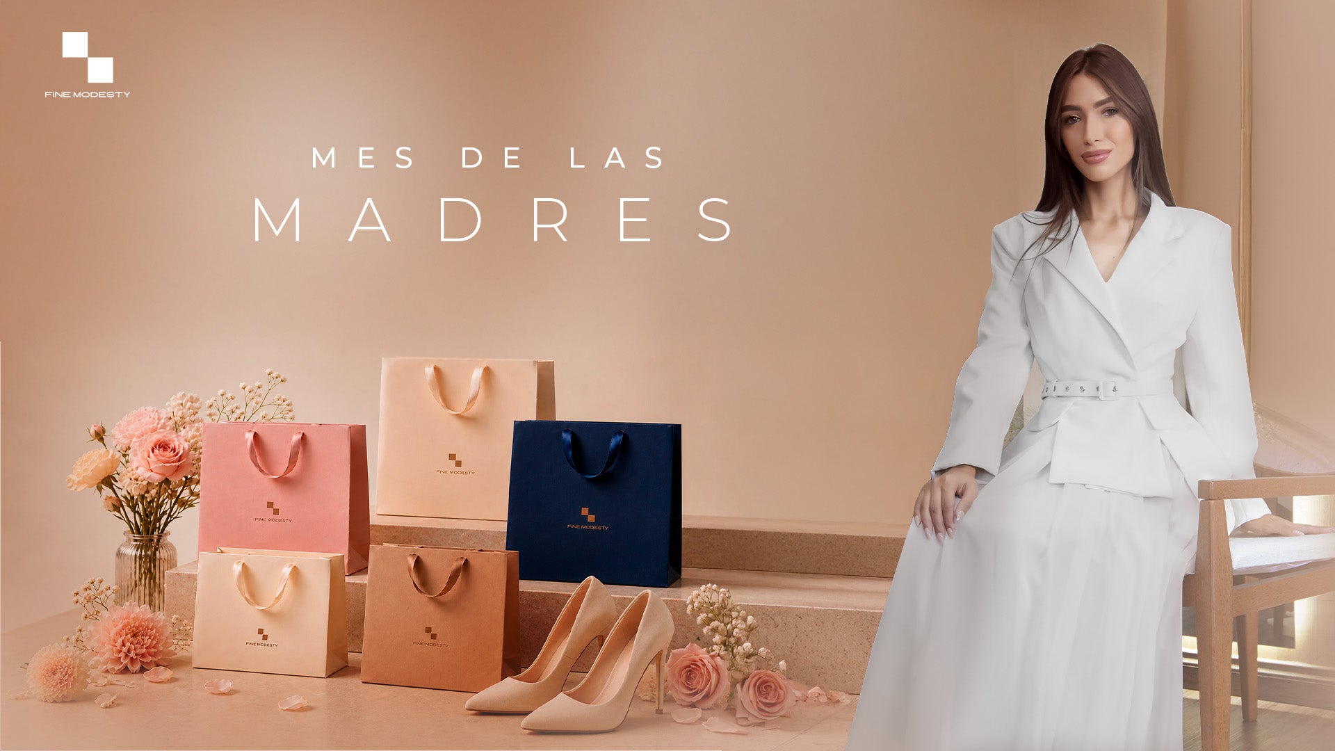Woman in a white suit sitting next to gift bags and shoes with 'Mes de las Madres' text on a beige background.