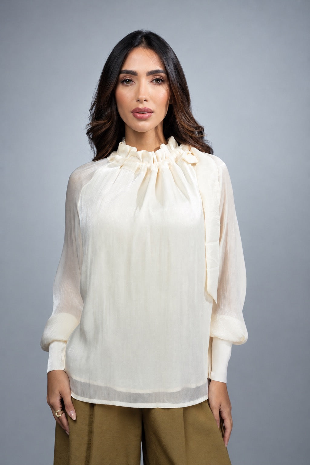 Radiant Ruffle Neck Bow Blouse - champan 2