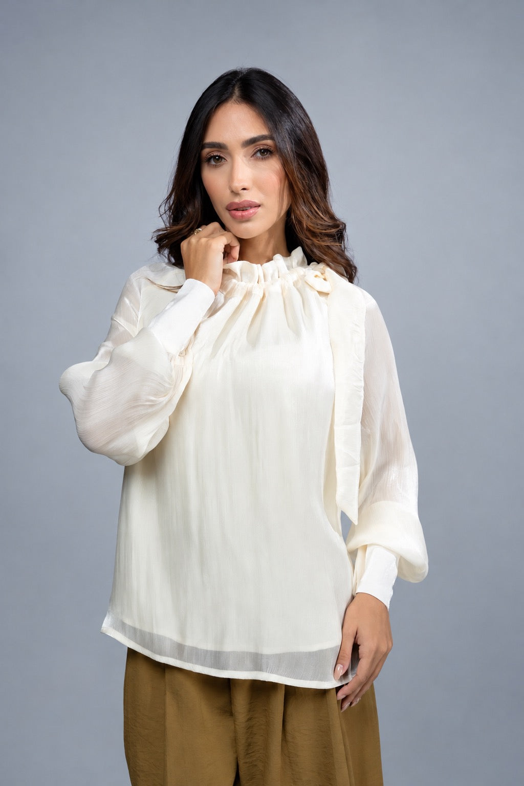 Radiant Ruffle Neck Bow Blouse - champan 3